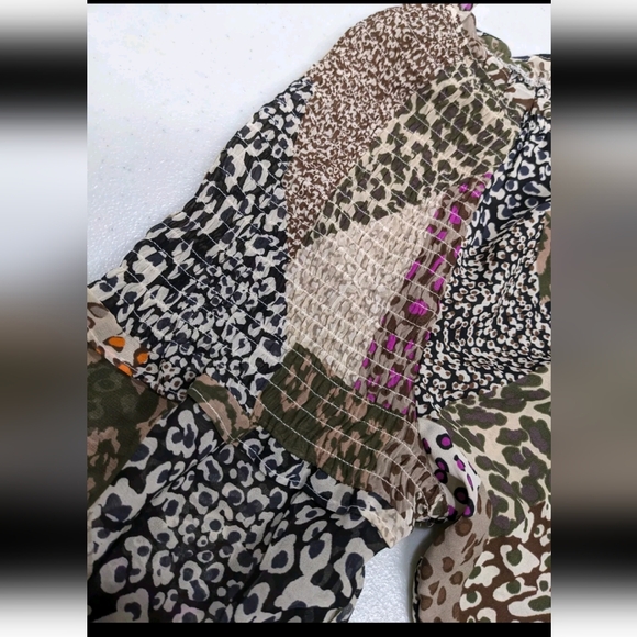 NWT est. 1848 Peasant Top Blouse Smocked Shoulder Patchwork Look Boho L Leopard - Picture 6 of 9